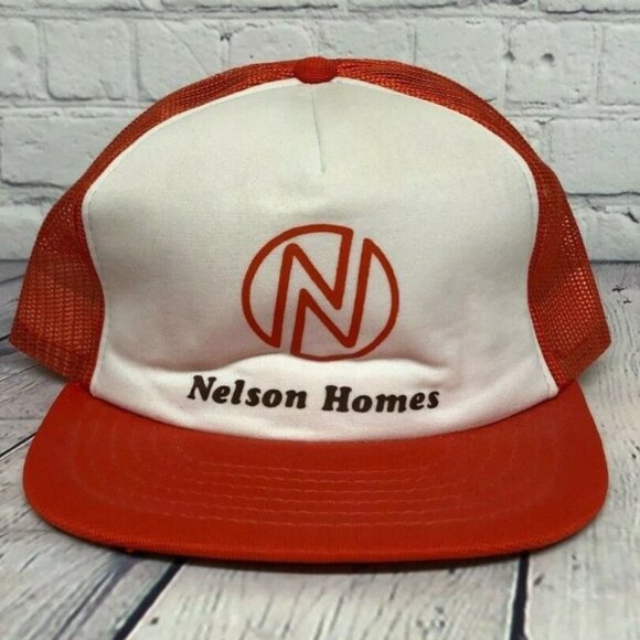 Vintage Nelson Homes Trucker Hat Mesh Snapback Cap Logo Home Builders Orange - Picture 1 of 7